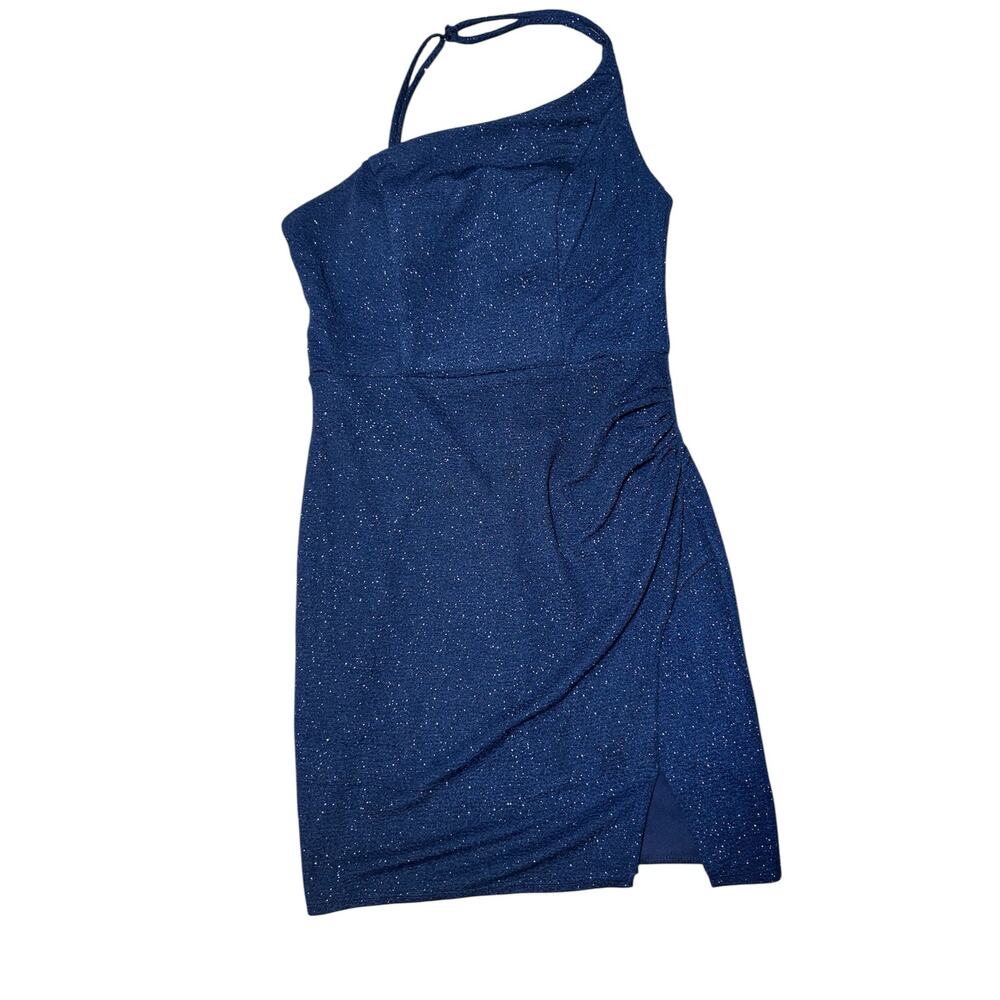 Midnight Doll Asymmetrical one-shoulder neckline, Navy Blue Shimmer Dress-Size S - Picture 4 of 13